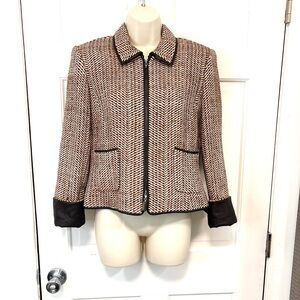 Doncaster Silk Blend Tweed‎ Blazer Jacket Brown Leather Trim Herringbone Zip Up